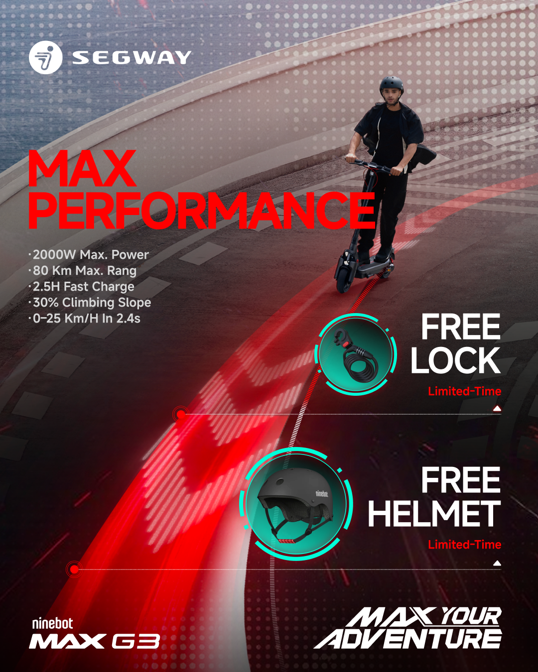 Segway MAX G3 Electric KickScooter + Free Helmet & Lock