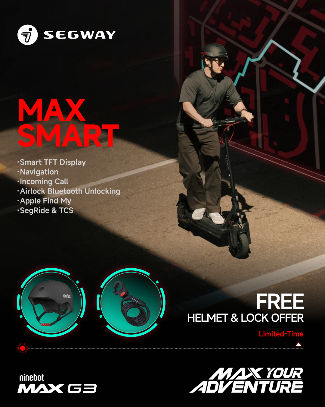 Segway MAX G3 Electric KickScooter + Free Helmet & Lock