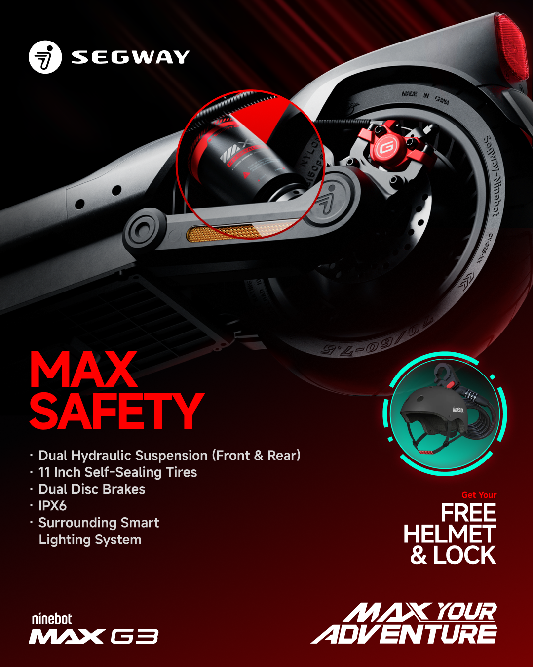 Segway MAX G3 Electric KickScooter + Free Helmet & Lock