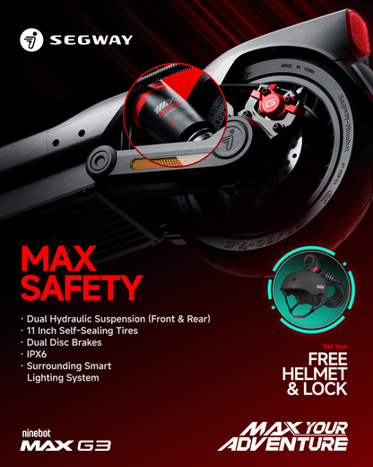 Segway MAX G3 Electric KickScooter + Free Helmet & Lock